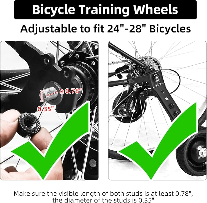 Adjustable Bicycle Training Wheels for Adults, Fit 24" to 28" Bikes, Steel Construction, Black, 1 Pair - Safe and Stable Learning Training Wheels