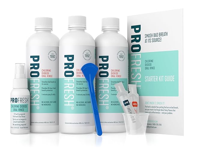 ProFresh Fresh Breath System Starter Kit, Oral Rinse 16.9 Ounce Bottle (Pack of 3) with Prep Packs & Tongue Cleaner, Alcohol Free, Flavor Free
