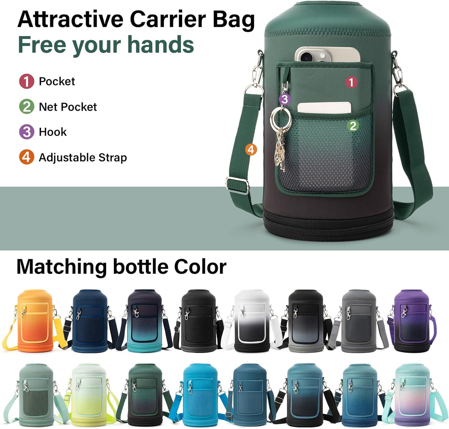 1 Gallon Water Bottle Insulated | Thickened Stainless Steel Vacuum Metal Water Jug | Portable Sports Large for Gym and Hiking with Straw, Carrier Bag, Handle Strap | BPA-Free 128 oz