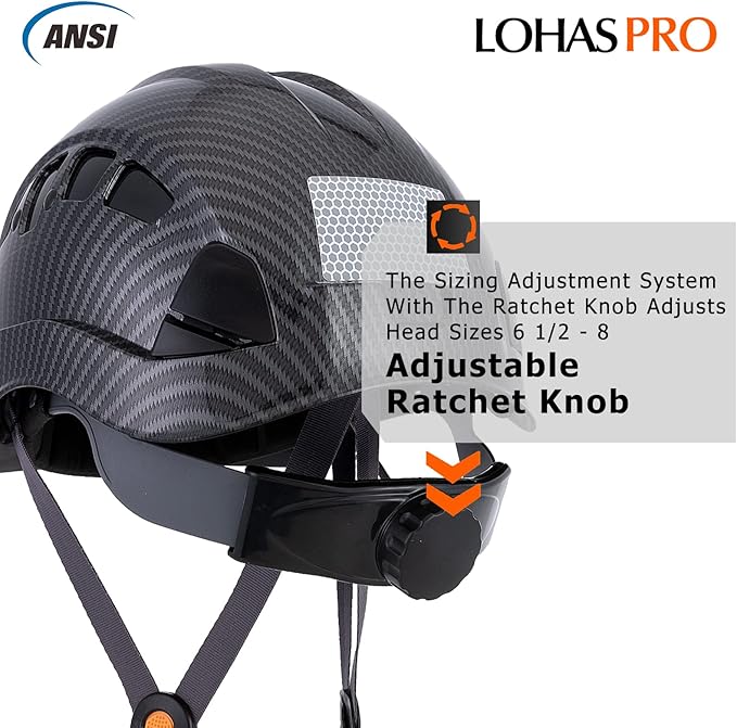 LOHASPRO Hard Hats Construction Safety Helmet ANSI Z89.1 Approved OSHA Hardhat, Vented Carbon Fiber Black Hard Hat with Chin Strap Tree Rescue Arborist Helmet(Black Graphite Pattern)