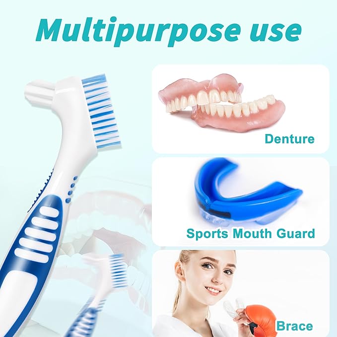 4 Pcs Denture Brush Set for False Teeth with White Carrying Case, Denture Toothbrushes with Double Sided Design, Dental Brush with Multi-Layered Soft Bristles and Rubber Anti-Slip Handle, 4 Colors