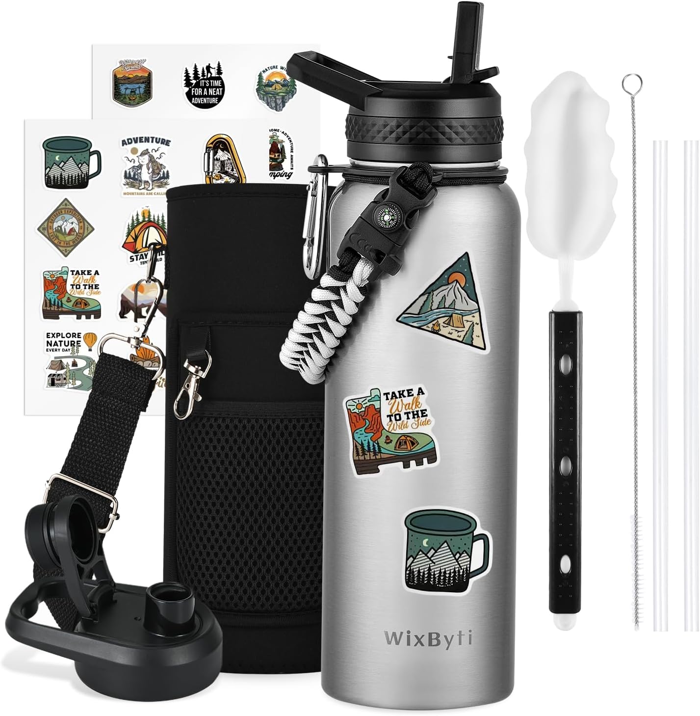 40 oz Insulated Water Bottle with Straw (Cold for 48 Hrs), Stainless Steel Triple Wall Vacuum Sports Water Jug, Leakproof Hydro Cup Flask with Paracord Handle & Straw Spout Lids & DIY Stickers