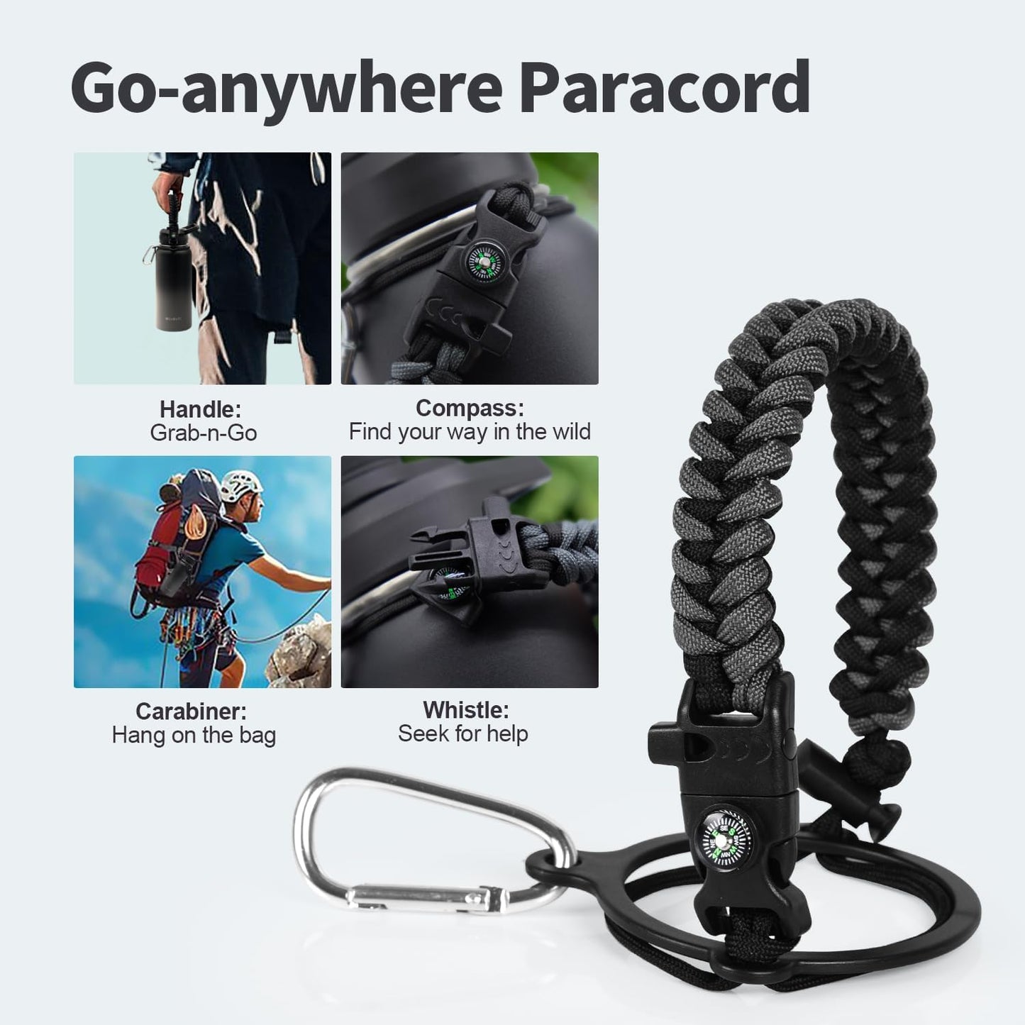 32 oz Insulated Water Bottle with Straw (Cold for 48 Hrs), Stainless Steel Triple Wall Vacuum Sports Water Jug, Leakproof Hydro Cup Flask with Paracord Handle & Straw Spout Lids & DIY Stickers