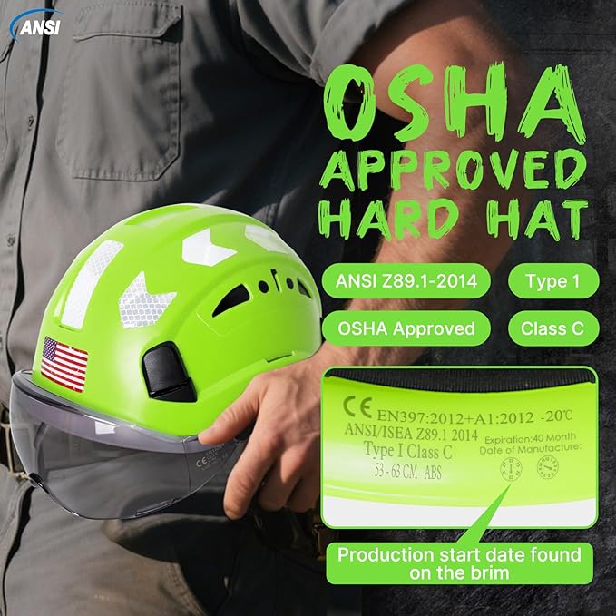 AOLAMEGS Construction Safety Hard Hat - ANSI Z89.1 Type Ι OSHA Approved Safety Helmets with Chin Straps Lightweight Reflective Vented ABS Hard Hats For Men Women Industrial Workwear 6-point Suspension