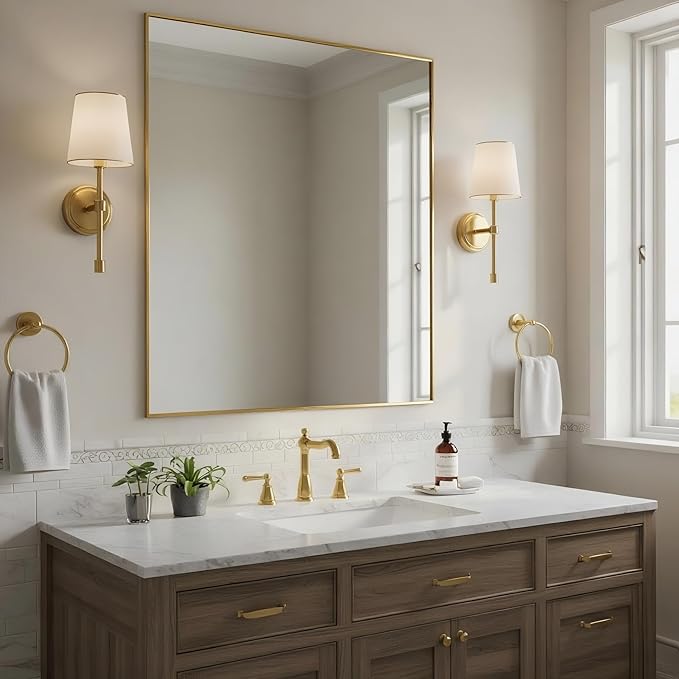 30x30 Inch Brass Bathroom Mirror for Wall, Aluminum Frame Rectangle Rectangular Vanity Mirror, Modern Large for Bedroom, Living Room, Horizontal or Vertical