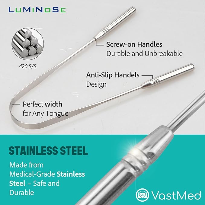 3 PCs Medical Grade Tongue Scraper by Vastmed | Stainless Steel Tongue Cleaner, Metal Tongue Scraper with Travel Bag | Tongue Scrubber for Bad Breath, Boost Oral Hygiene