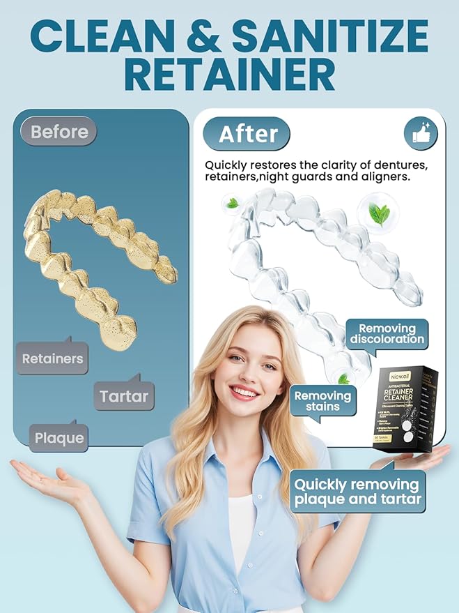 Nicwell Effervescent Retainer Cleaner Tablets: Kills 99.9% Odor-Causing Bacteria on Dentures & Orthodontic Appliances 60pcs Travel Friendly White
