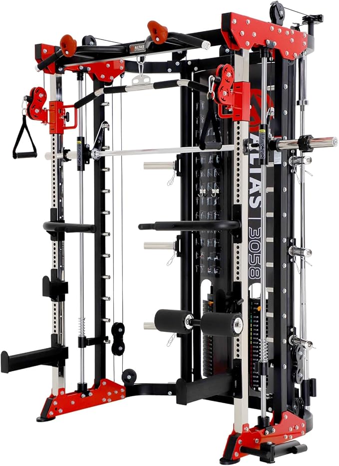 Altas Strength Smith Machine 3058G Home Gym 1000 lbs Weight Capacity 2000 lbs Cables Strength Training Power Cages Squats Presses Pulling Lunges Deadlifts Easy Assembly Included Accessories