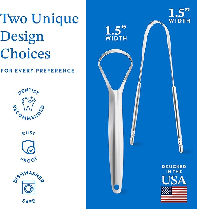 Mouthology Tongue Scraper (2 Pack), Reduce Bad Breath (Travel Cases Included), Stainless Steel Tongue Cleaners, Metal Tongue Scraper, Tongue Scraper for Adults - Fresher Breath in Seconds