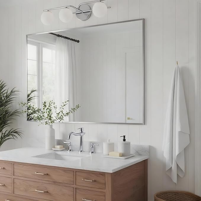 27x36 Inch Nickel Bathroom Mirror for Wall, Aluminum Frame Rectangle Rectangular Vanity Mirror, Modern Large for Bedroom, Living Room, Horizontal or Vertical