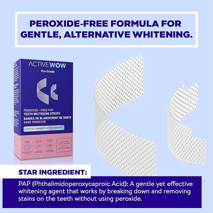 Active Wow 24k White Teeth Whitening Strips - Sensitive Teeth Whitening Strips, Peroxide Free Formula, Enamel Safe Teeth Whitening, Teeth Whitening Stain Remover - 7-Day Kit, 14 Whitener Strips