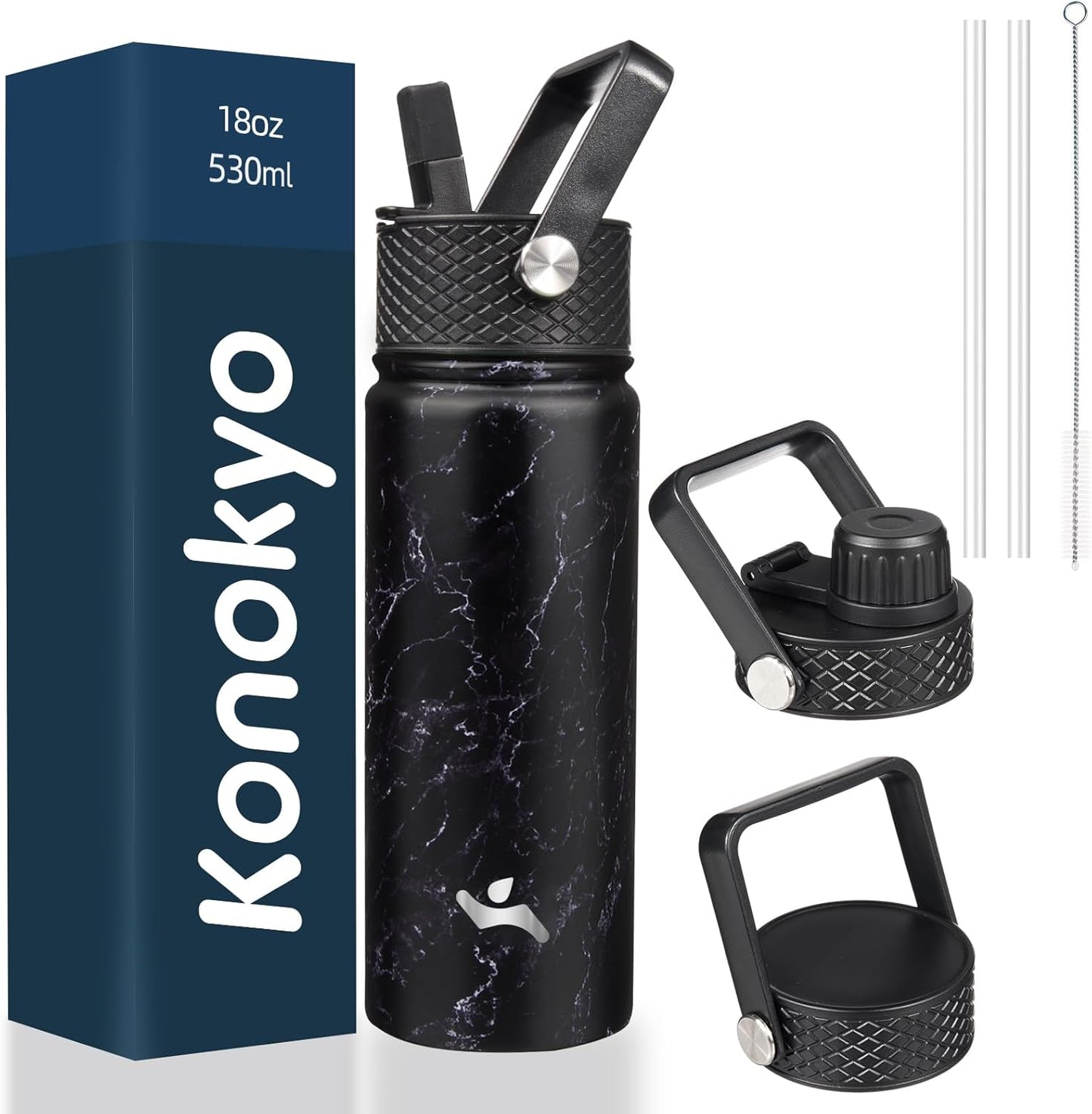 18 oz Insulated Water Bottle Stainless Steel Sport Bottles with 3 Lids,Marble Midnight