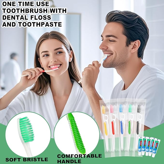 Disposable Toothbrushes with Toothpaste and Floss,50 Pcs 3 in 1 Individually Wrapped Single Use Travel Toothbrushes and Dental Floss Kit Bulk for Homeless,Guests,Dentist,Hotel(5 Colors)