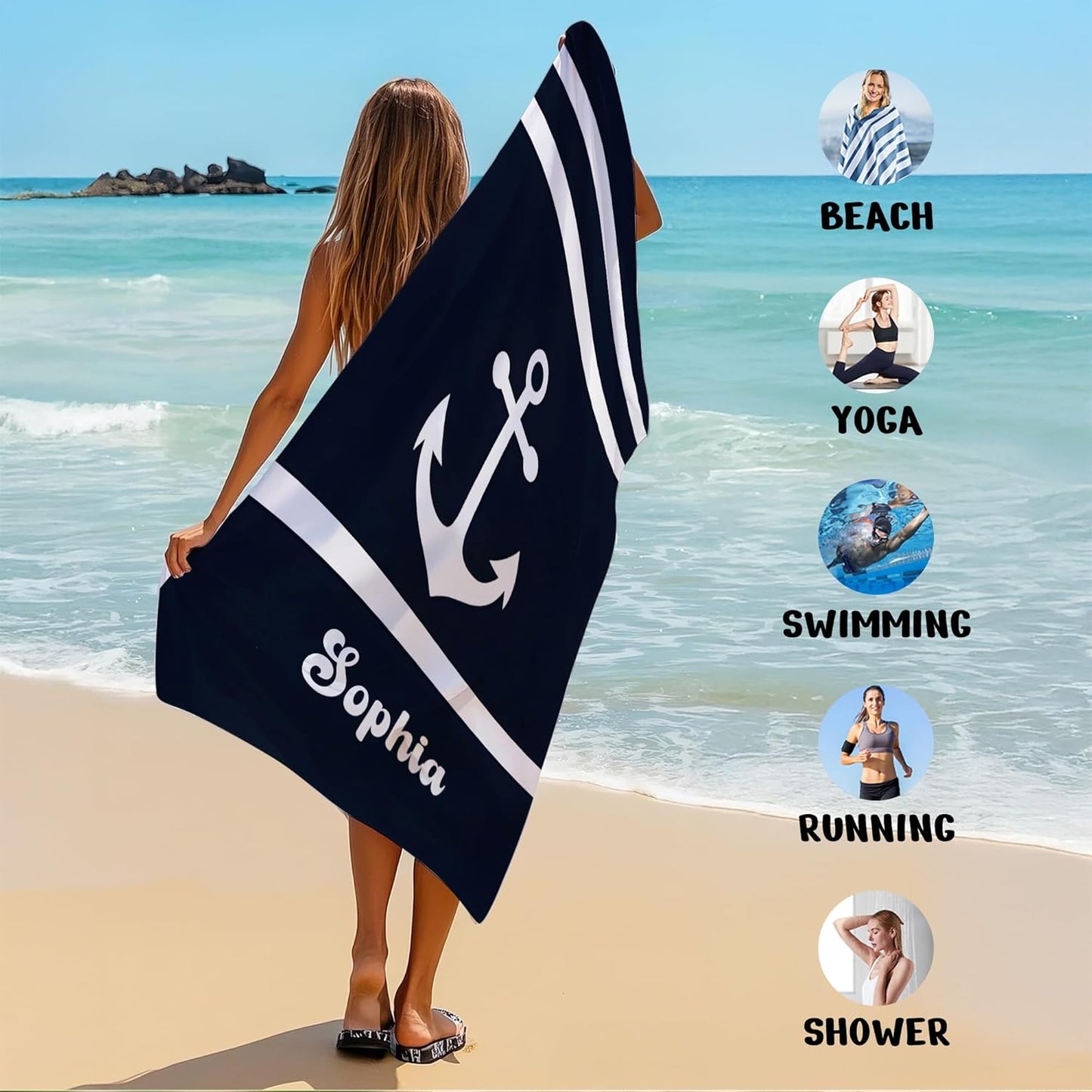 JML Personalized Beach Towel with Name, Custom Anchor Beach Towel, Customized Microfiber Pool Towel, Quick Dry & Absorbent Swim Towel for Adult,Anniversary, Birthday, Summer Holiday,Vacation