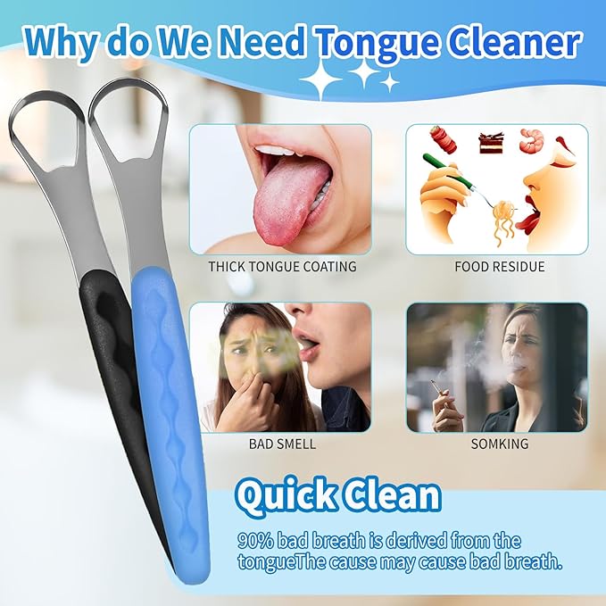 2-Pack Colorful Tongue Scraper for Adults with Travel Case, Stainless Steel, Metal Tongue Brush for Bad Breath, Oral Hygiene Tool, Easy to Use & Portable