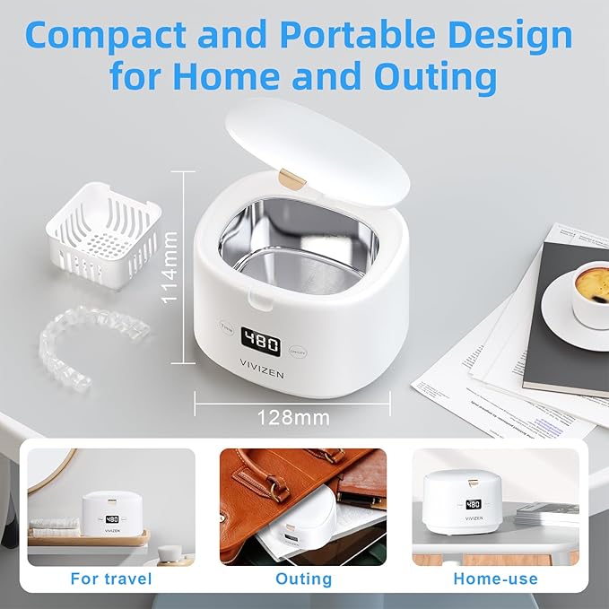 Ultrasonic Retainer Cleaner, Sonic Dental Cleaning Pod, Portable 30W/45kHz Machine for Dentures, Aligners, Braces, Mouth Guards, Jewelry (White)
