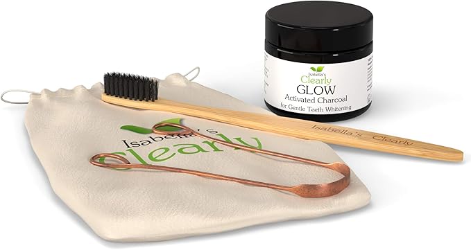 Glow Teeth Whitening Kit (4 Piece) | Pure Food Grade Activated Charcoal Powder + Bamboo Ultra Soft Toothbrush + Copper Tongue Cleaner + Eco Canvas Gift Bag