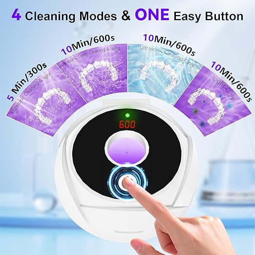 Ultrasonic Retainer Cleaner Machine 45khz Cleaning Pod for Denture Cleaner 200ml Mouth Guard, Aligner, Night Guard, Toothbrush, Jewelry, 4 Cleaning Modes Digital Timer, Gifts for Women, White