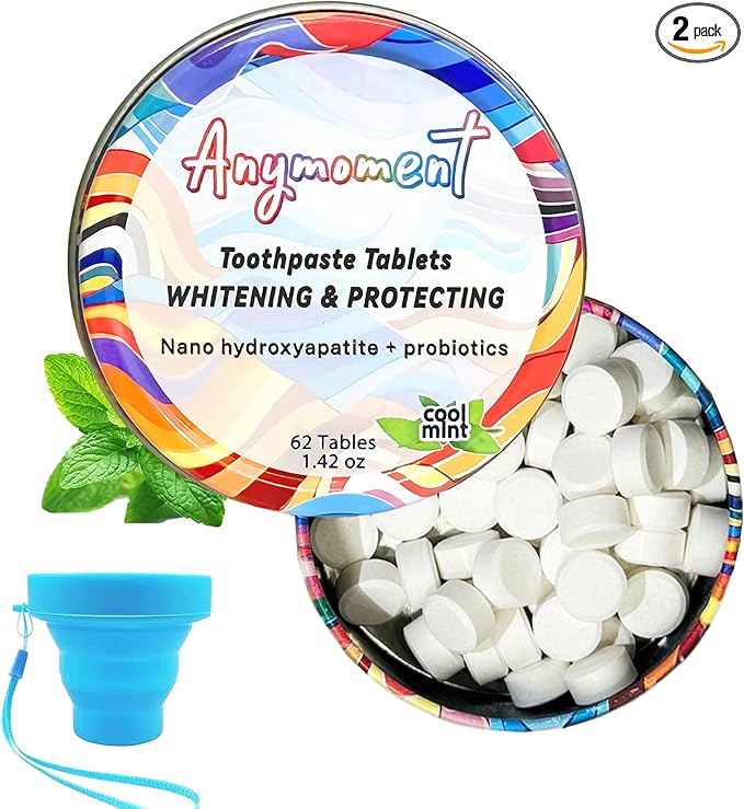 Anymoment Toothpaste Tablets with 7.5% Nano Hydroxyapatite,Flouride Free,SLS Free Remineralize with NHA (1 Month),Gift a Collapsible Cup,Eco & Plastic Free Travel Size Toothpaste