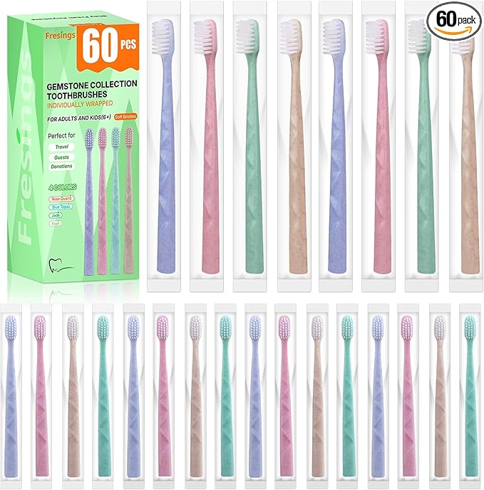 60 Pack Premium Disposable Toothbrush with Tongue Scraper – Individually Wrapped Bulk Travel Toothbrushes, Soft Bristles for Guests, Hotel, Vacation Rental, Home & On The Go,4 Colors