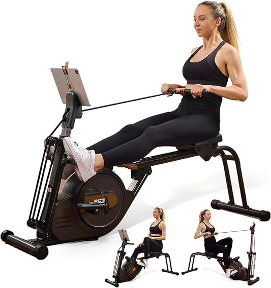 3 in 1 Rowing Machine, Dual Slide Rail 6-Level Adjustable Height with Max 350lb Weight Capacity, Home Fitness Rower for Full Body Workout, App Compatible