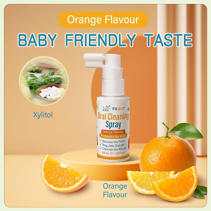 PEGO Kids Oral Spray, Toddler Toothpaste Helper for Daily Oral Care and Fresh Breath, Kid's Mouth Spray with Fluoride Free for Newborn to Preschoolers (40ml*1, Orange)