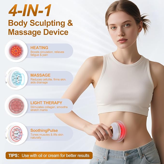 Lymphatic Drainage Massager, Anti-Cellulite & Stretch Mark Reduction Body Sculpting Machine for Legs, Arms & Belly, Skin Firming & Fat Loss, with Microcurrent, Heat, Light & Vibration