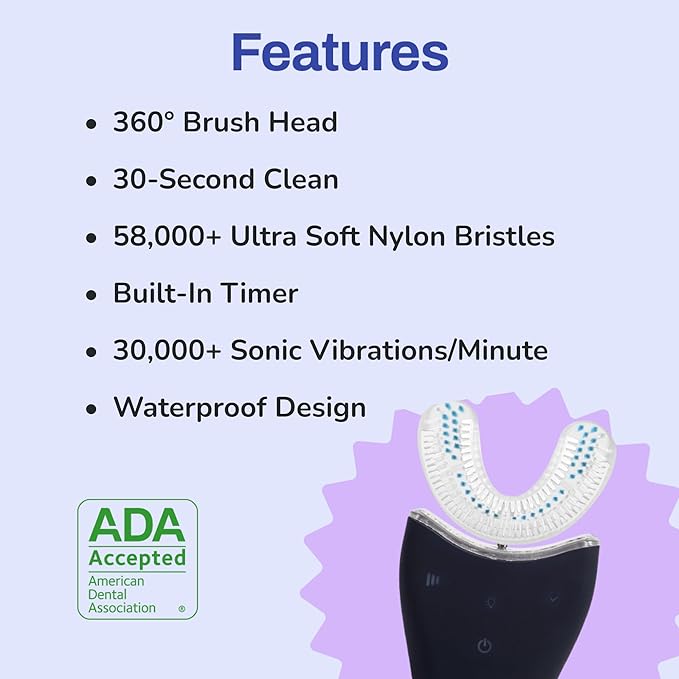 autobrush Sonic Pro Electric Toothbrush – Only ADA Accepted U-Shaped Brush, Clinically Proven Up to 5.1X Better Cleaning, 30-Second Full Mouth 360 Clean, Rechargeable, Waterproof, Black, Men's Regular