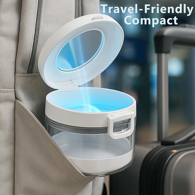 Leak-proof denture cup and travel case with mirror, brush, filter and tools. Multi-purpose denture cleaning kit with filter for denturesretainers and aligners