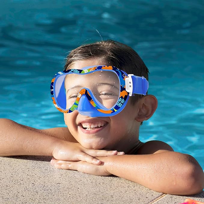 Kids Swim Goggles with Nose Cover, 180° Panoramic Snorkel Mask with Anti-Fog & Anti-Leak Design, Comfort Fabric Strap UV Protection Lens for Boys Girls Ages 3-15