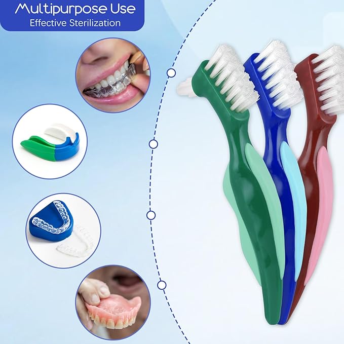 3 Pcs Hard Denture Brush, 3 Colors Premium Hygiene Denture Cleaning Brush for Denture Care, Double Sided Toothbrush with Multi-Layered Bristles & Rubber Anti-Slip Handle