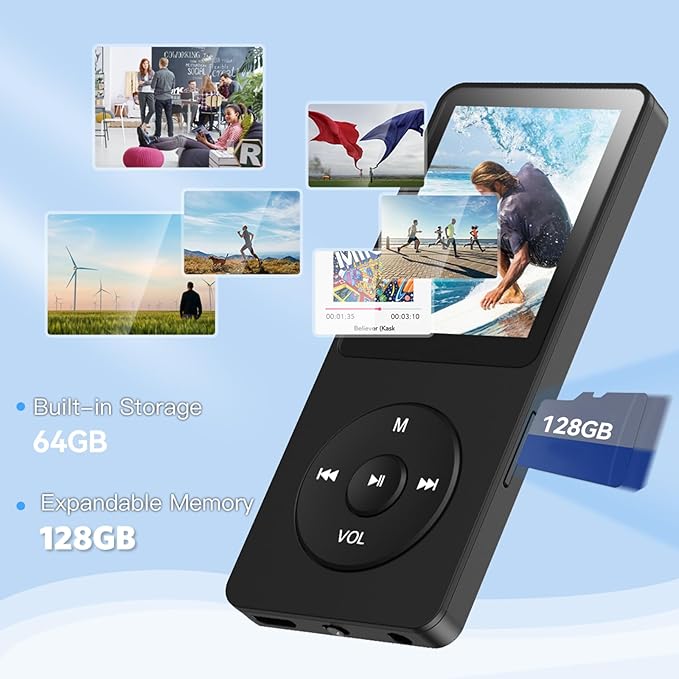 AGPTEK A02PL 64GB MP3 Player, 70 Hours Playback Lossless Sound Music Player, Supports up to 128GB(Black)