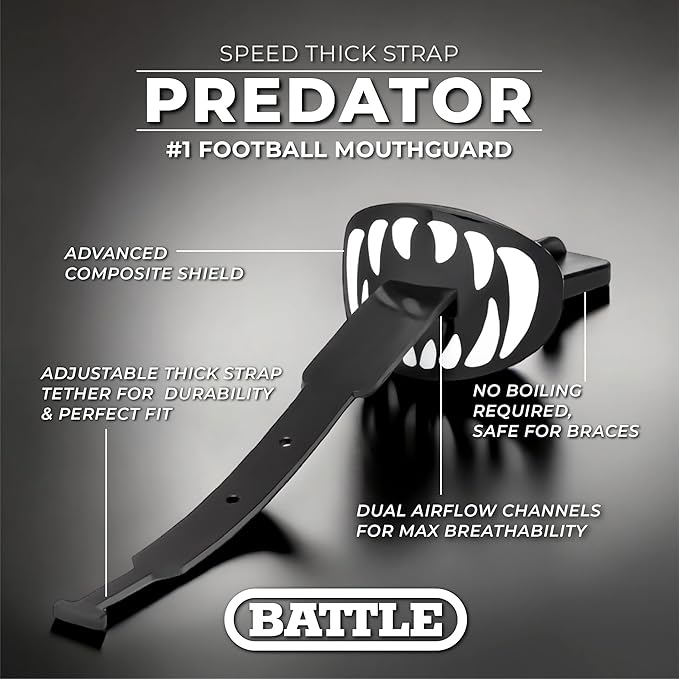 Battle Sports Speed Football Mouthguard with Strap - Oxygen Football Mouthguard Superior Airflow & Better Performance, Maximum Breathability - Predator/Black with White Teeth