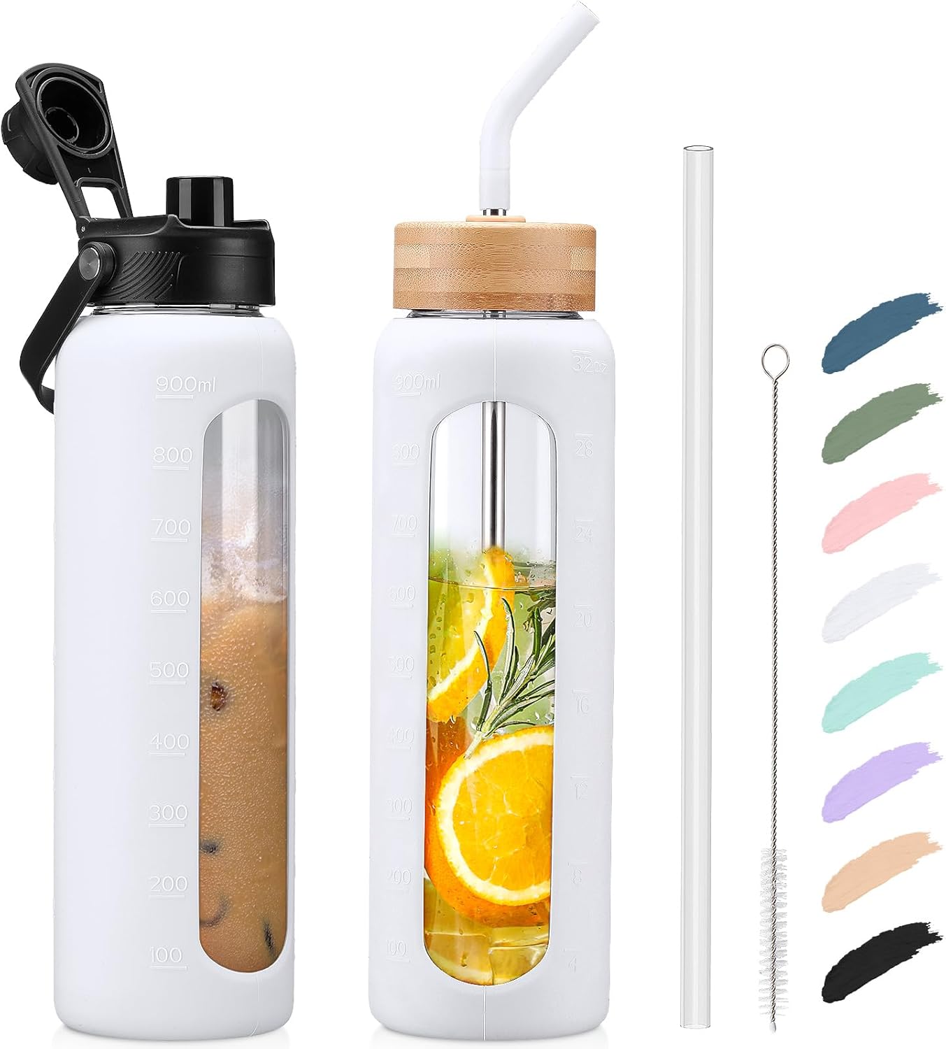 Kodrine Water Bottle with Straw, 24 oz Glass water Bottle with 2 Lids Bamboo Straw Lid and Spout Lid with Handle, 32 oz Clear Water Bottle Glass for Sports Travel, Waterbottle with Time Marker