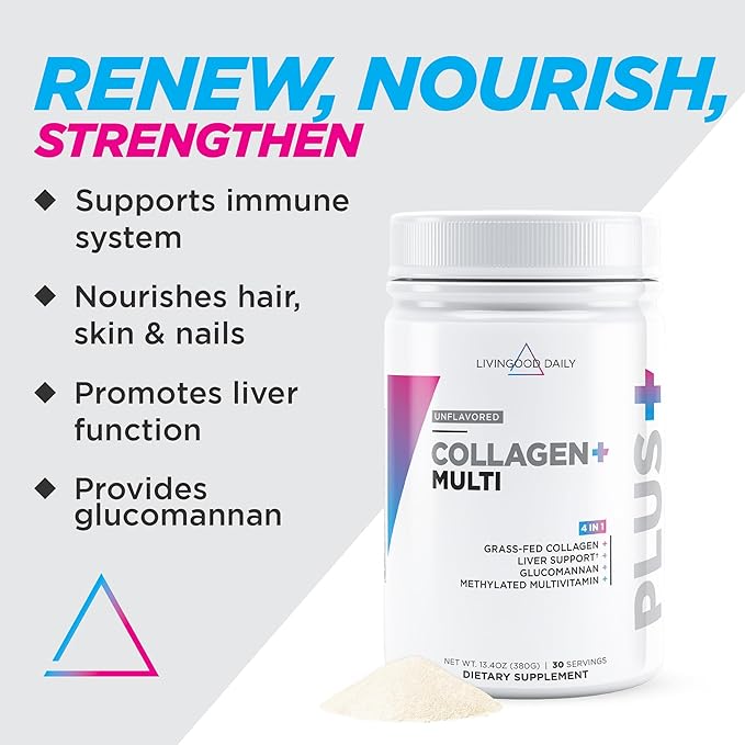Livingood Daily Collagen Powder for Women & Men, Unflavored, Grass Fed Hydrolyzed Collagen Peptides, Protein & Multivitamins for Healthy Hair, Skin & Nails, Keto & Paleo, Gluten Free, 30 Servings
