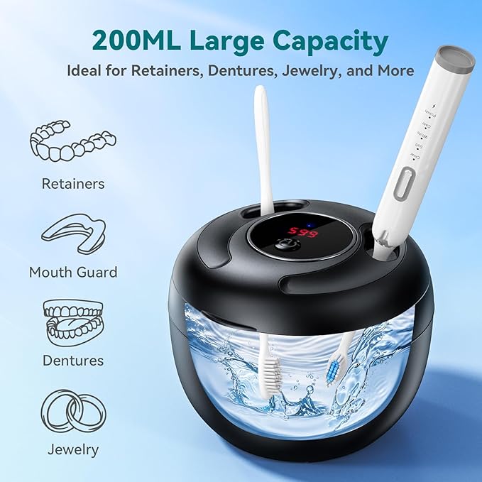Dental Ultrasonic Retainer Cleaner Machine: 45kHz Dental Cleaning Pod for Denture, Mouth Guard, Night Guard, Aligner, Braces, Toothbrush Head & Jewelry, UV Cleaner with Digital Timer & 4 Modes, Black