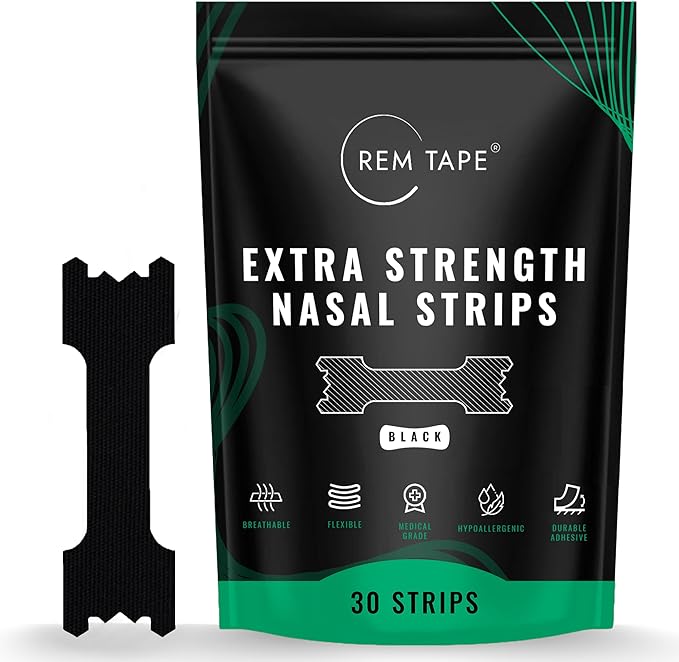 REM Tape™ Extra Strength Nasal Strips (30 Pack). Congestion and Snoring Relief. Dual Spring Flex Technology. Soft Medical Grade Fabric. Skin Friendly Hypoallergenic Adhesive. One Month Supply!, Black