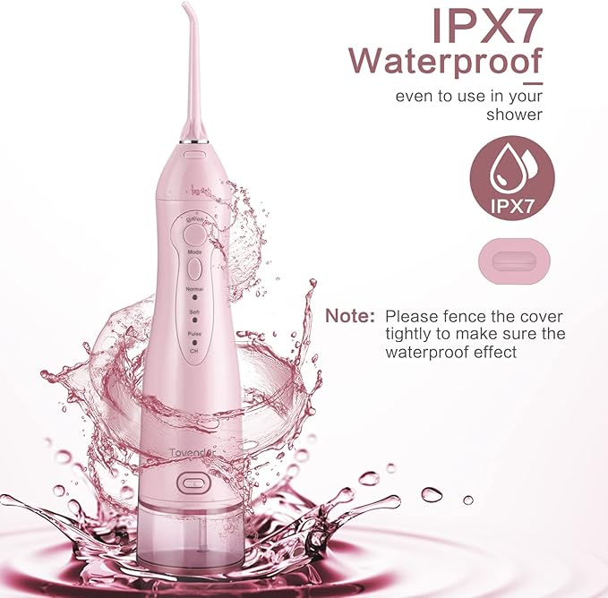 TOVENDOR Electric Water Dental Flosser Teeth Pick, Cordless Flossers Oral Irrigator IPX7 Waterproof 300ML Rechargeable Travel Water Teeth Cleaner with 5 Tips for Home Braces Care Gums Deep Cleaning