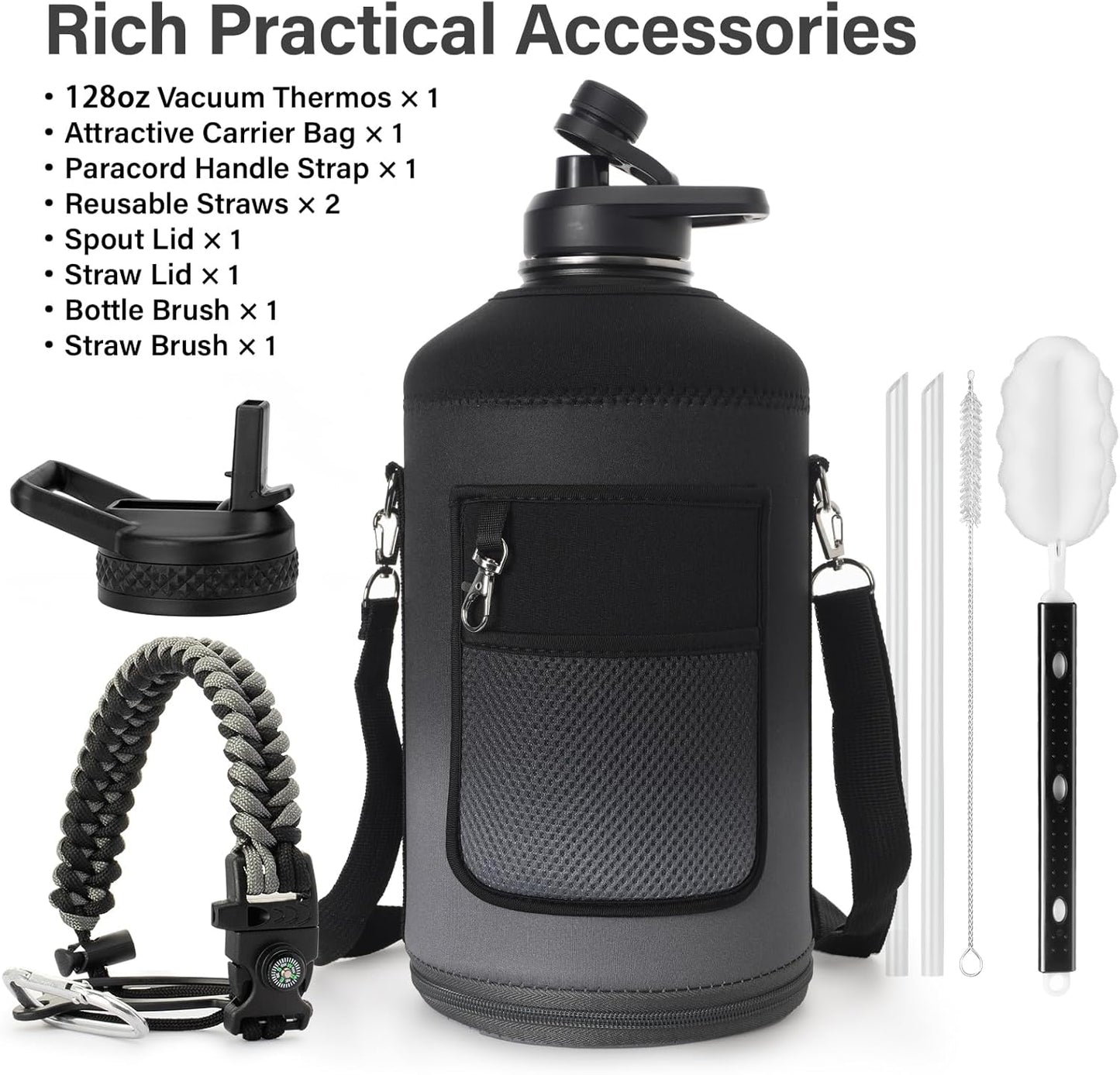 1 Gallon Water Bottle Insulated | Thickened Stainless Steel Vacuum Metal Water Jug | Portable Sports Large for Gym and Hiking with Straw, Carrier Bag, Handle Strap | BPA-Free 128 oz