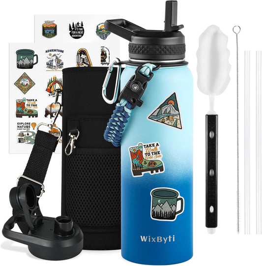 40 oz Insulated Water Bottle with Straw (Cold for 48 Hrs), Stainless Steel Triple Wall Vacuum Sports Water Jug, Leakproof Hydro Cup Flask with Paracord Handle & Straw Spout Lids & DIY Stickers