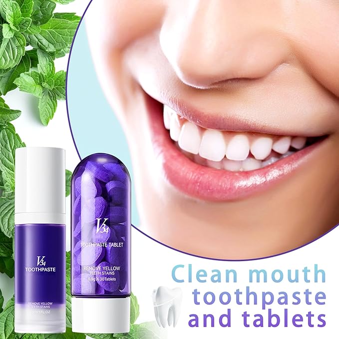 Purple Toothpaste and 30PCS Toothpaste Tablets Kit,Deep Cleaning Purple Colour Corrector,Chewable Tooth Paste Tablets for Sensitive Teeth,Travel Size Tooth Care Products Kit for All People