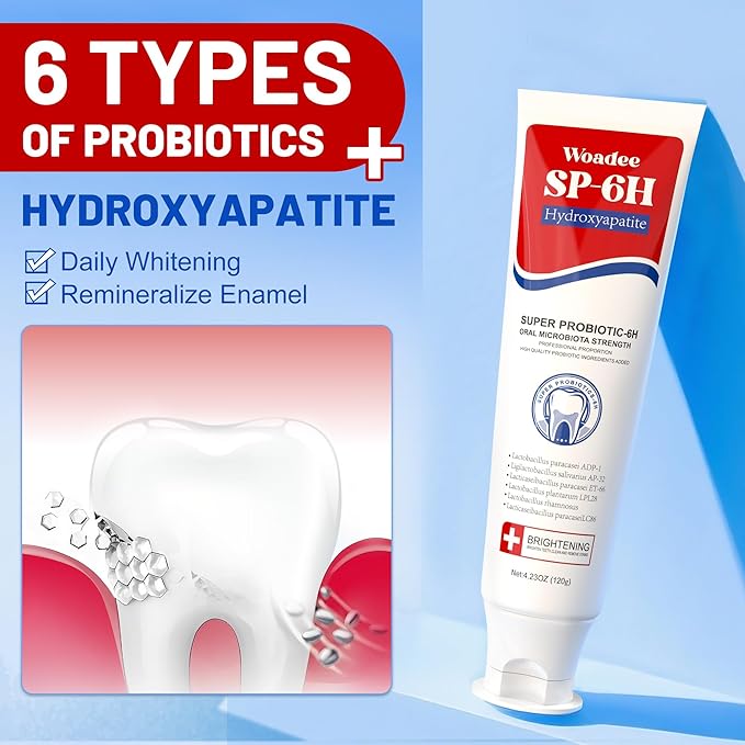 SP-6 Toothpaste Set, 6 Probiotics for Whitening & Cooling Fresh Breath, 7- Pro Intense Whitening, Fluoride-Free, Deep Brigthtening & Freshness (2 Tubes, Blue+Red)