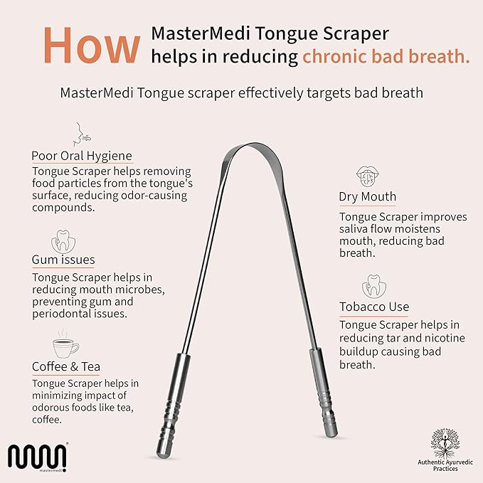 MasterMedi Tongue Scraper for Adults, 100% Stainless Steel Tongue Scrubber for Bad Breath, Easy to Use, Tongue Cleaner for Oral Care & Hygiene (SS Pack of 3)