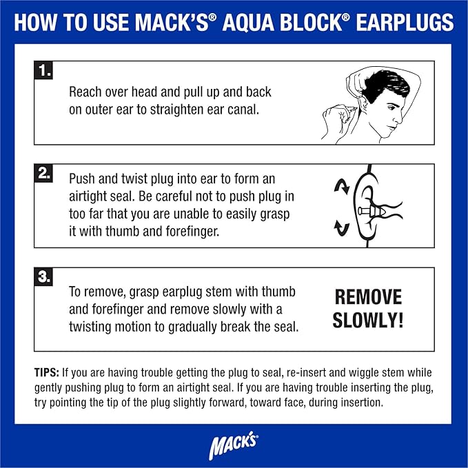 Mack's AquaBlock Swimming Earplugs, 3 Pair - Comfortable, Waterproof, Reusable Silicone Ear Plugs for Swimming, Snorkeling, Showering, Surfing and Bathing (Purple)