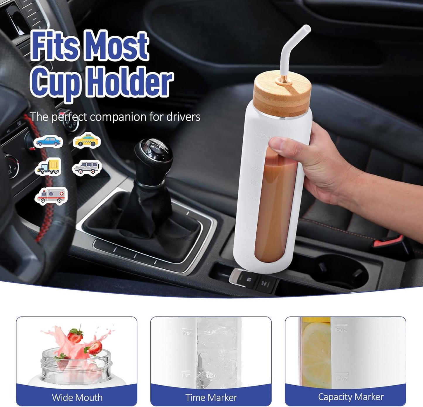 Kodrine Water Bottle with Straw, 24 oz Glass water Bottle with 2 Lids Bamboo Straw Lid and Spout Lid with Handle, 32 oz Clear Water Bottle Glass for Sports Travel, Waterbottle with Time Marker