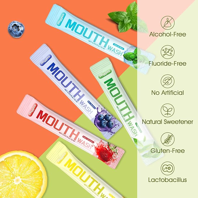 Mouthwash Travel Size – Individually Wrapped Portable Packets, Alcohol-Free & Fluoride-Free, On-The-Go Oral Hygiene for Fresh Breath Anytime(5 Flavors) (120 Pack)
