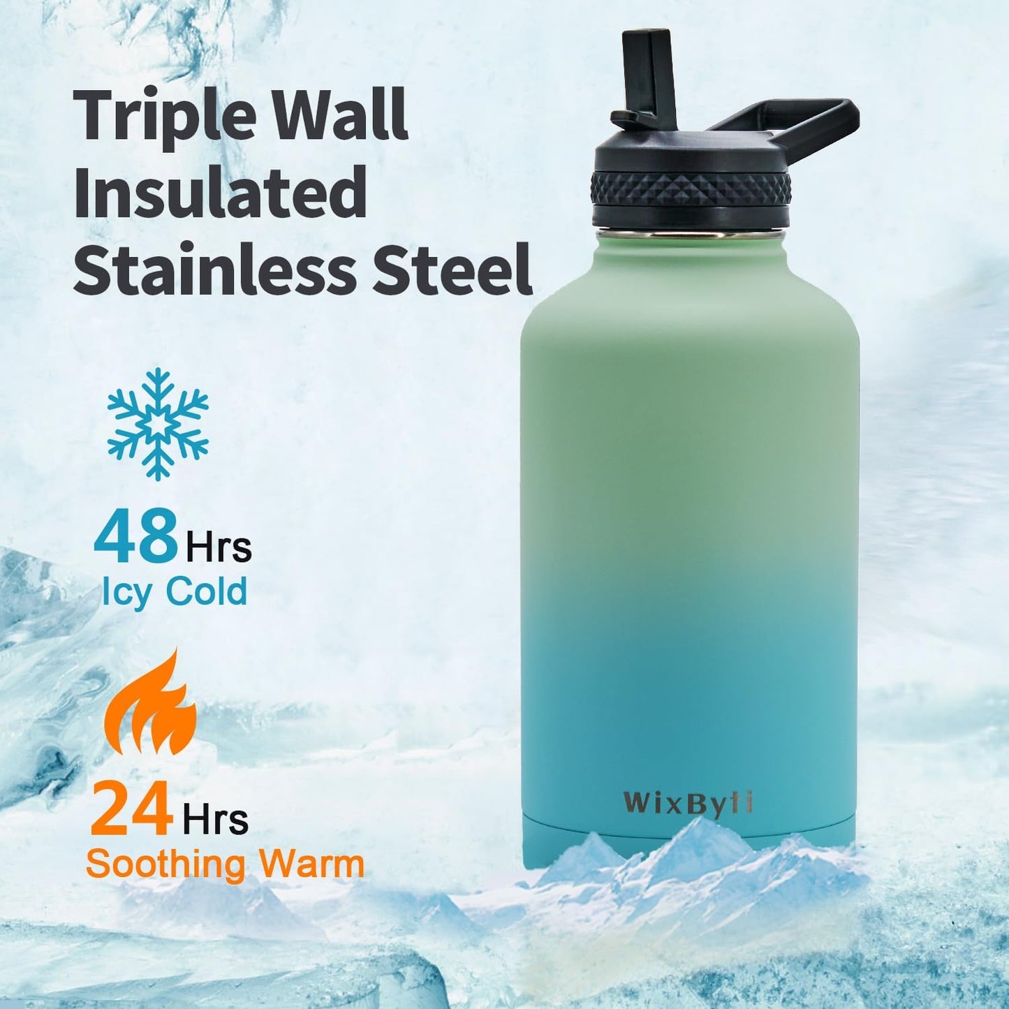 64 oz Insulated Water Bottle with Straw (Cold for 48 Hrs), Half Gallon Stainless Steel Triple Wall Vacuum Sports Water Jug, Leakproof Hydro Cup Flask with Straw Spout Lids & DIY Stickers