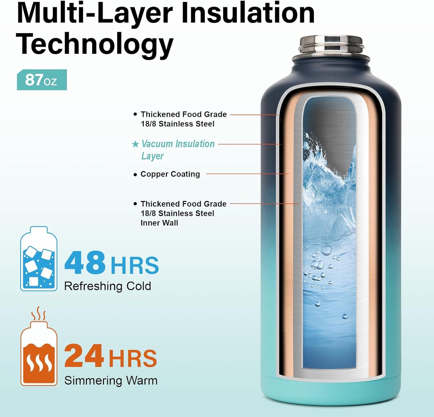 Insulated Water Bottle | Thickened Stainless Steel for Gym and Hiking with Straw, Carrier Bag, Handle Strap | BPA-Free 87 oz