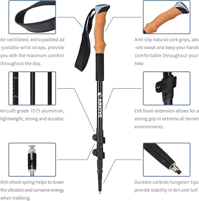 Aihoye Trekking Hiking Poles - 2 Pack Adjustable Walking Sticks, Collapsible Lightweight Aluminum 7075, Hiking Sticks with Quick Flip-Lock and Comfortable Cork Grips