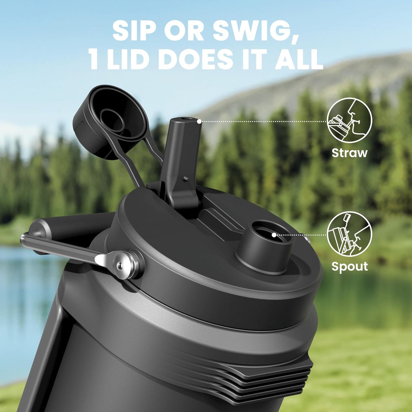 64 oz Insulated Water Bottle for Gym: Meoky Triple Wall Vacuum Stainless Steel Half Gallon Water Jug - Top and Side Handles, 2-in-1 Straw and Spout Lid, Cold for 36 Hrs, Leak Proof for Camping (Night)